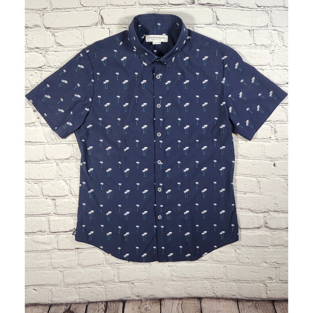 Mizzen+Main Performance Menswear Navy Palm Tree Print Short Sleeve Shirt Trim M